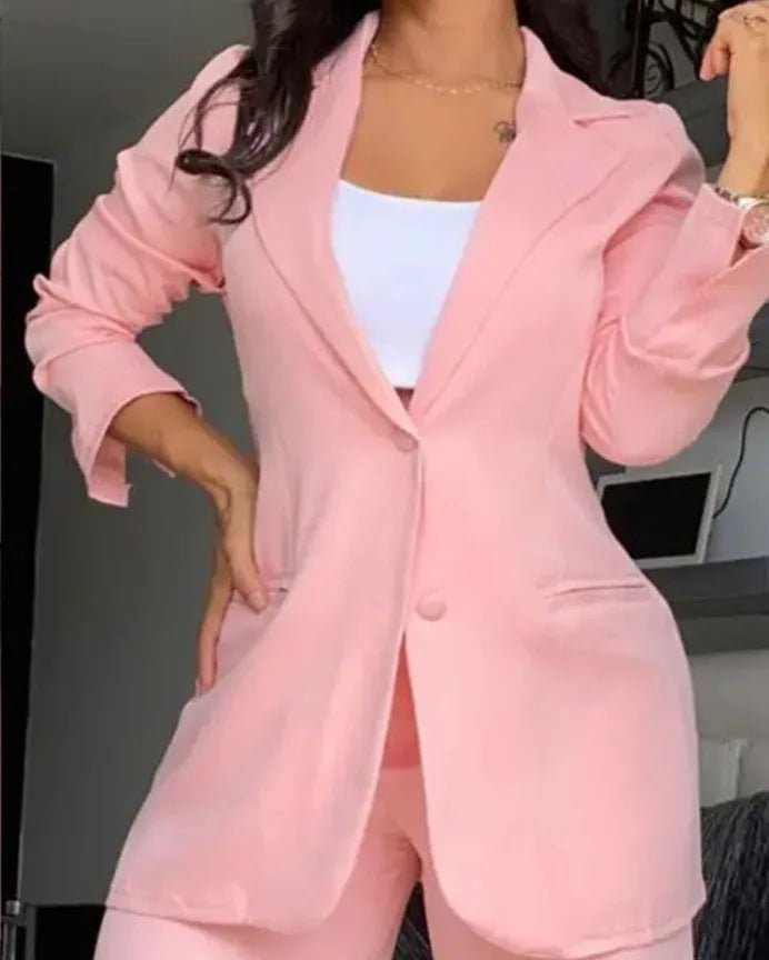 Elegant Women's Urban Suits 2024 Spring/Summer Notched Collar Blazer Long Sleeve Coat Pocket Design Button Pants SetAzizaK