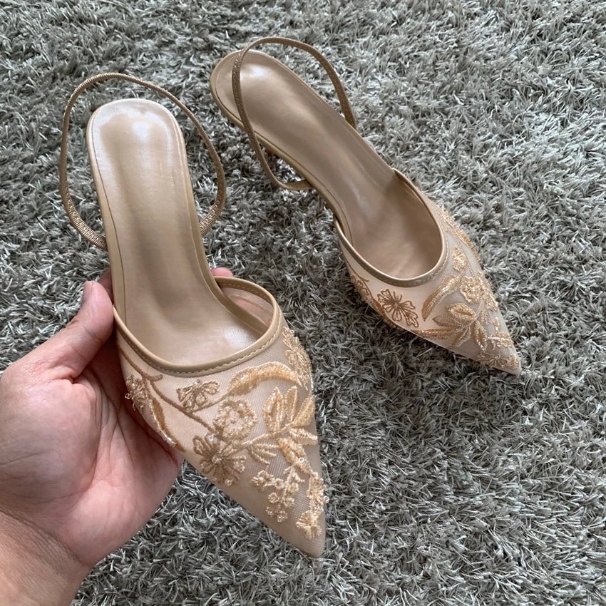 Embroidered Mesh Heels – Pointed Toe Slingback MulesAzizaK