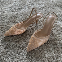 Embroidered Mesh Heels – Pointed Toe Slingback MulesAzizaK
