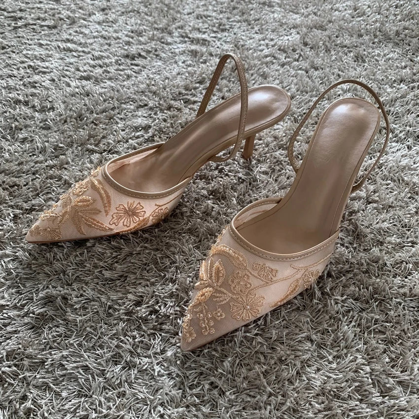 Embroidered Mesh Heels – Pointed Toe Slingback MulesAzizaK