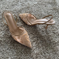 Embroidered Mesh Heels – Pointed Toe Slingback MulesAzizaK