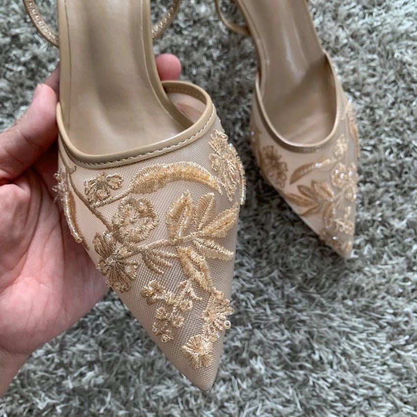 Embroidered Mesh Heels – Pointed Toe Slingback MulesAzizaK