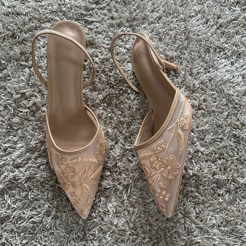 Embroidered Mesh Heels – Pointed Toe Slingback MulesAzizaK