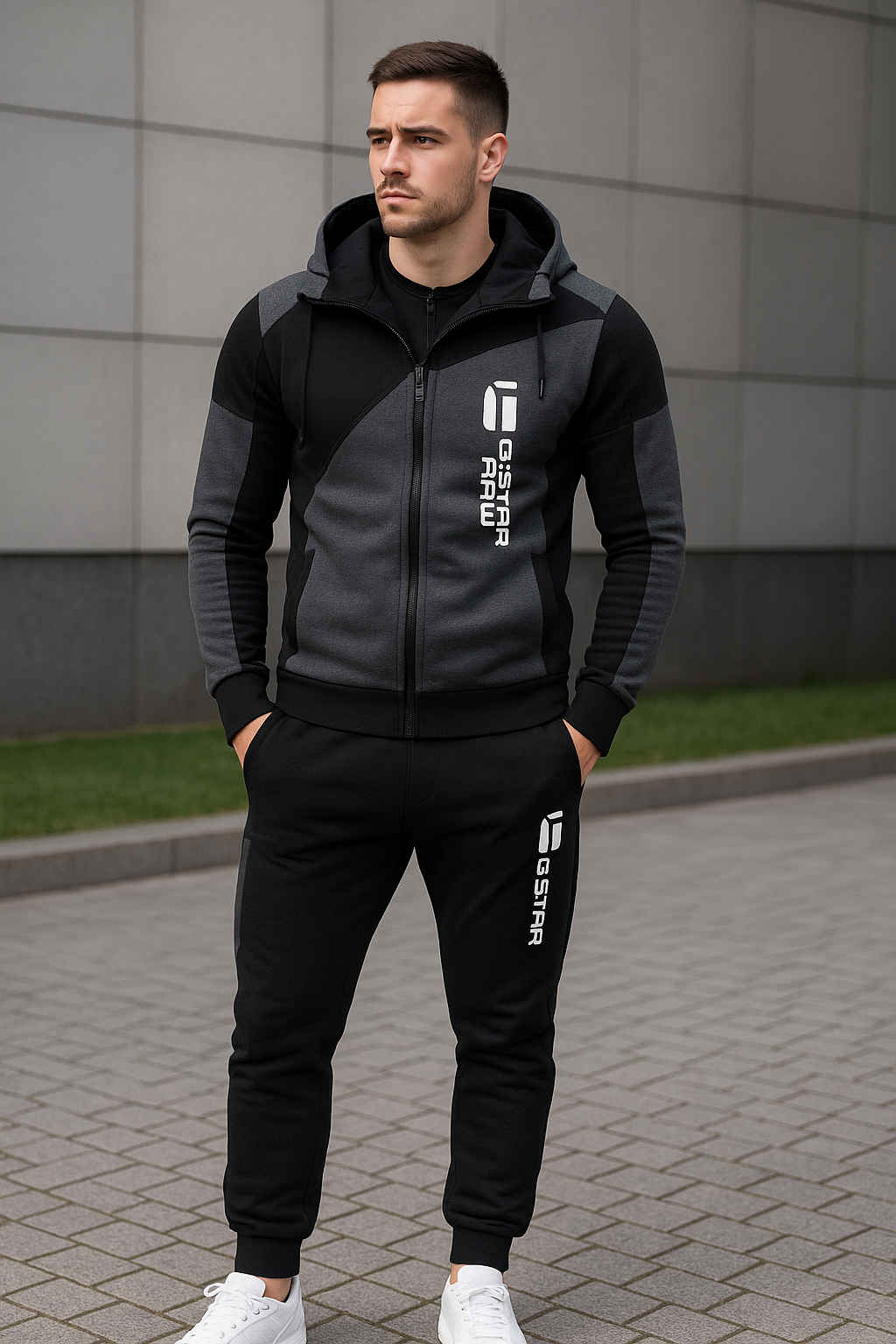 double zipper hooded jacket with pants