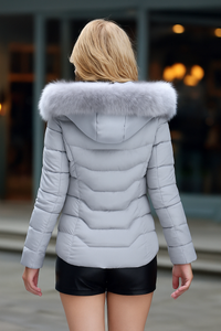 coat with artificial raccoon fur collar