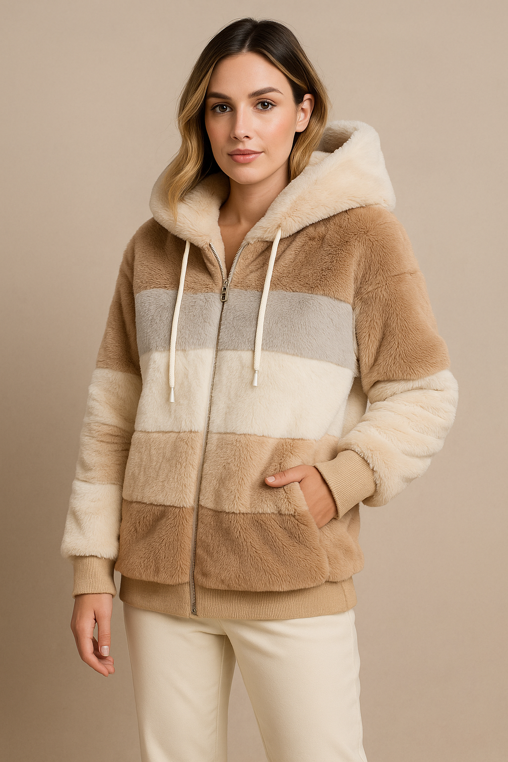 Cozy Striped Faux Fur Hoodie Jacket