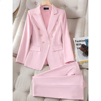 Fashionable Button Decoration 2 Piece Suit Jacket Blazer and Trouser Set for Women in Pink Green Black Ideal for Work WearAzizaK