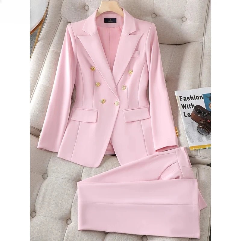 Fashionable Button Decoration 2 Piece Suit Jacket Blazer and Trouser Set for Women in Pink Green Black Ideal for Work WearAzizaK