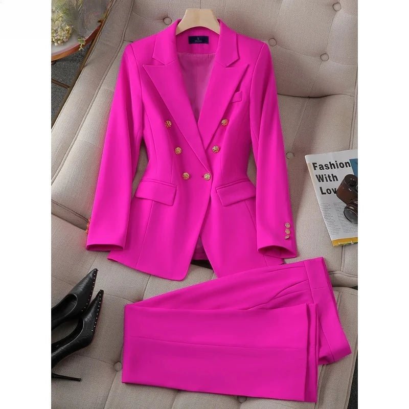 Fashionable Button Decoration 2 Piece Suit Jacket Blazer and Trouser Set for Women in Pink Green Black Ideal for Work WearAzizaK