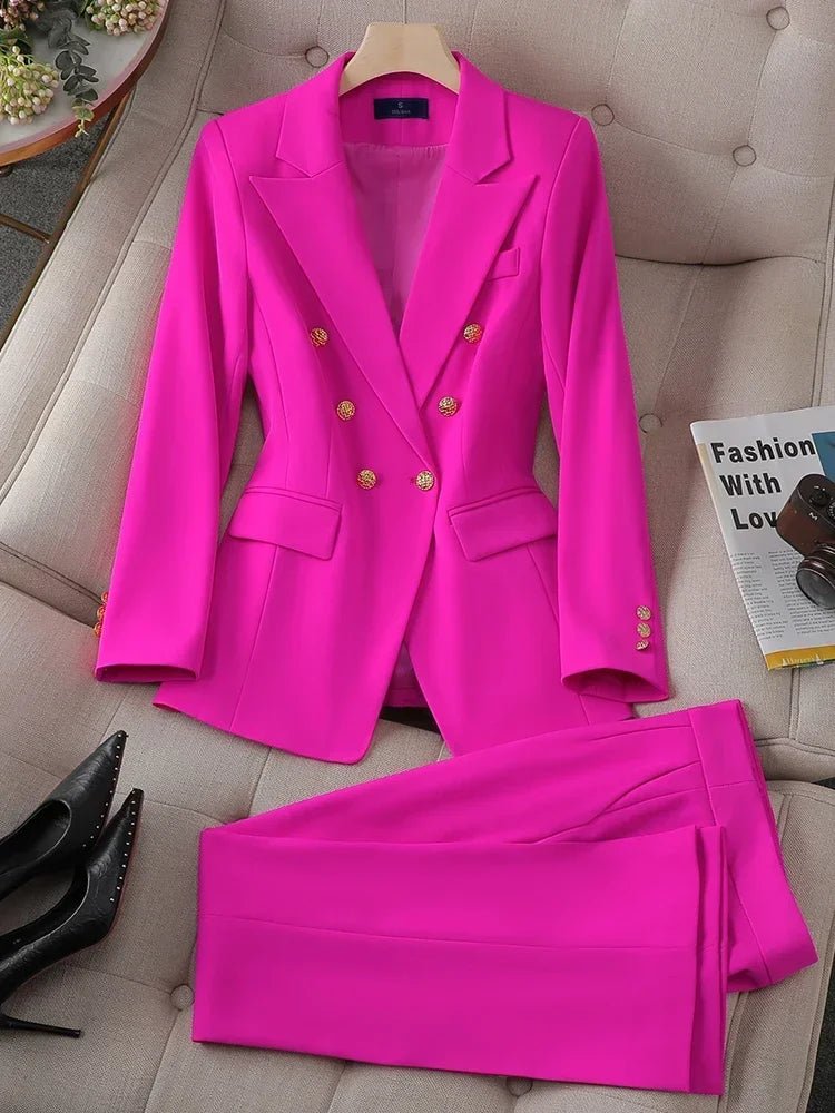 Fashionable Button Decoration 2 Piece Suit Jacket Blazer and Trouser Set for Women in Pink Green Black Ideal for Work WearAzizaK