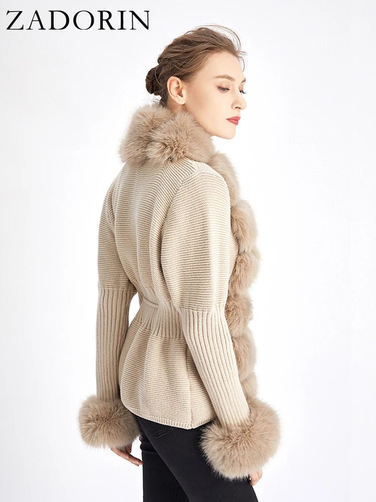 Faux Fur Coat Luxury Knitted Sweater Fur Cardigan Detachable Collar White PinkAzizaK