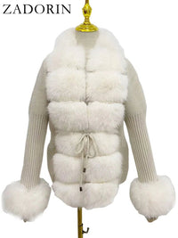 Faux Fur Coat Luxury Knitted Sweater Fur Cardigan Detachable Collar White PinkAzizaK