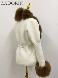 Faux Fur Coat Luxury Knitted Sweater Fur Cardigan Detachable Collar White PinkAzizaK