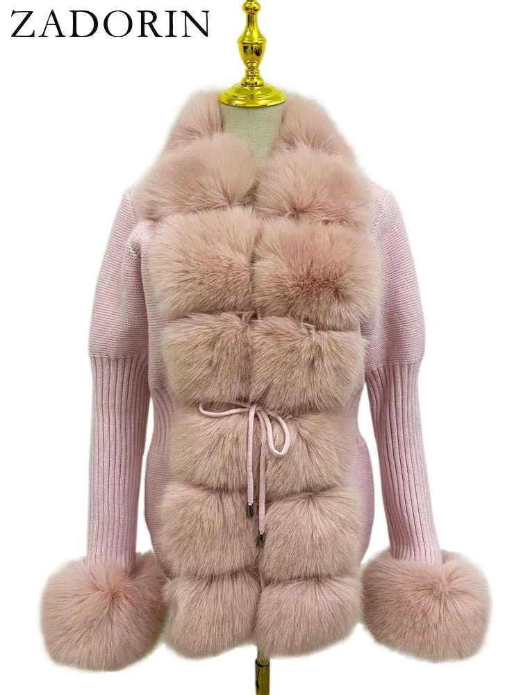 Faux Fur Coat Luxury Knitted Sweater Fur Cardigan Detachable Collar White PinkAzizaK