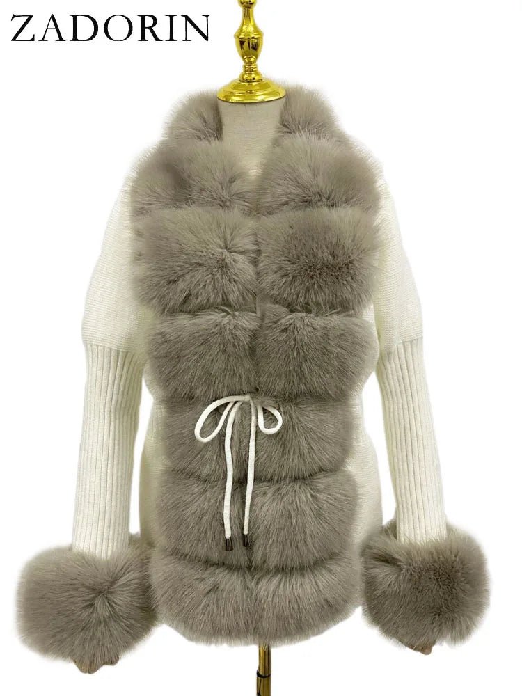 Faux Fur Coat Luxury Knitted Sweater Fur Cardigan Detachable Collar White PinkAzizaK