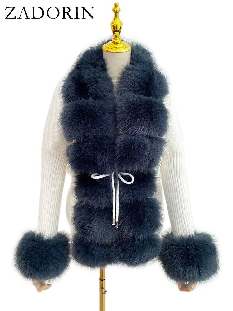 Faux Fur Coat Luxury Knitted Sweater Fur Cardigan Detachable Collar White PinkAzizaK