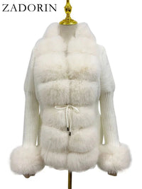 Faux Fur Coat Luxury Knitted Sweater Fur Cardigan Detachable Collar White PinkAzizaK