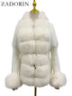 Faux Fur Coat Luxury Knitted Sweater Fur Cardigan Detachable Collar White PinkAzizaK