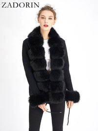 Faux Fur Coat Luxury Knitted Sweater Fur Cardigan Detachable Collar White PinkAzizaK