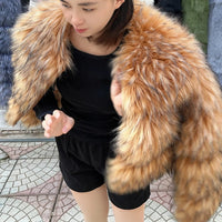 Faux Fur Coat with Fox and Raccoon Leather Hood, Brown, Plus SizeAzizaK