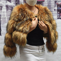 Faux Fur Coat with Fox and Raccoon Leather Hood, Brown, Plus SizeAzizaK