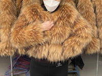 Faux Fur Coat with Fox and Raccoon Leather Hood, Brown, Plus SizeAzizaK