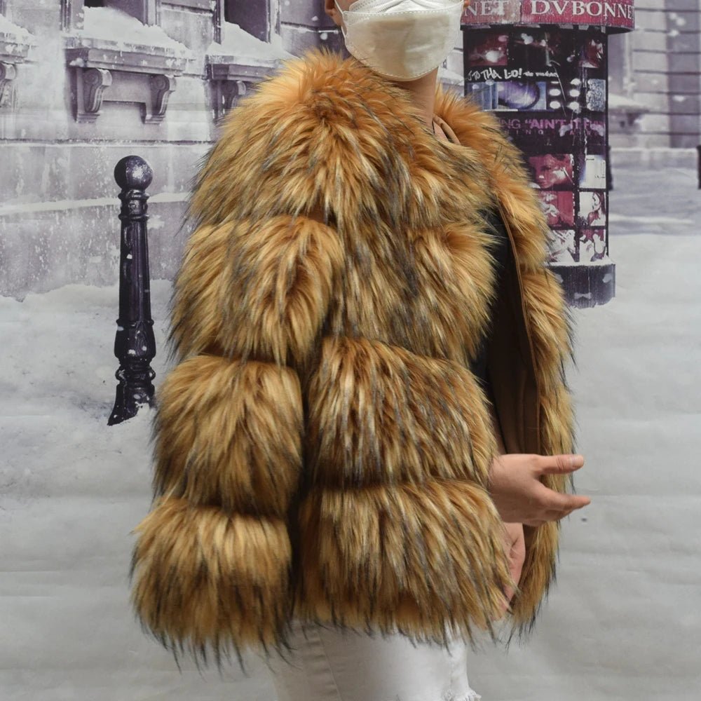 Faux Fur Coat with Fox and Raccoon Leather Hood, Brown, Plus SizeAzizaK