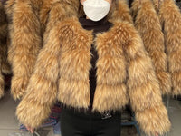 Faux Fur Coat with Fox and Raccoon Leather Hood, Brown, Plus SizeAzizaK