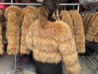 Faux Fur Coat with Fox and Raccoon Leather Hood, Brown, Plus SizeAzizaK