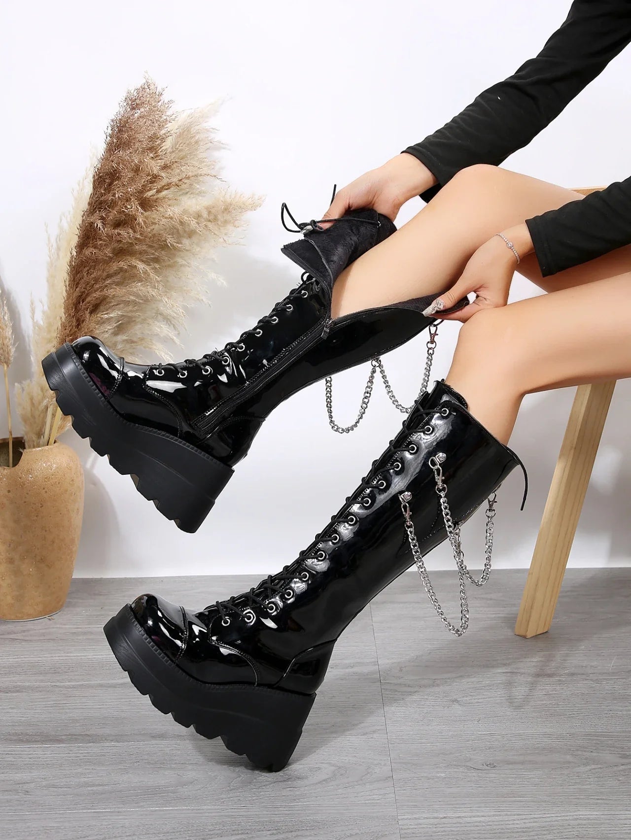 Faux leather boots with laces wedge solesAzizaK