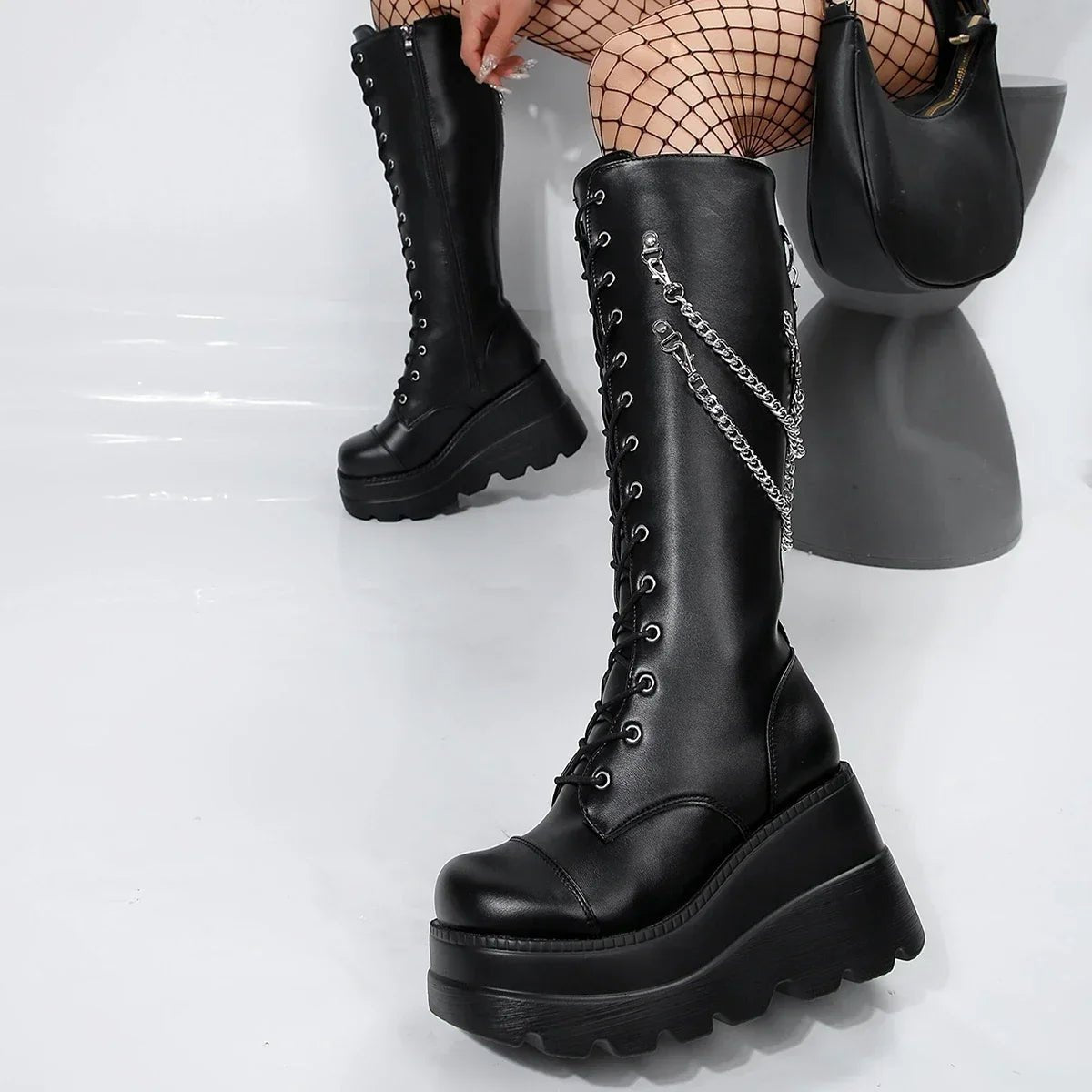 Faux leather boots with laces wedge solesAzizaK