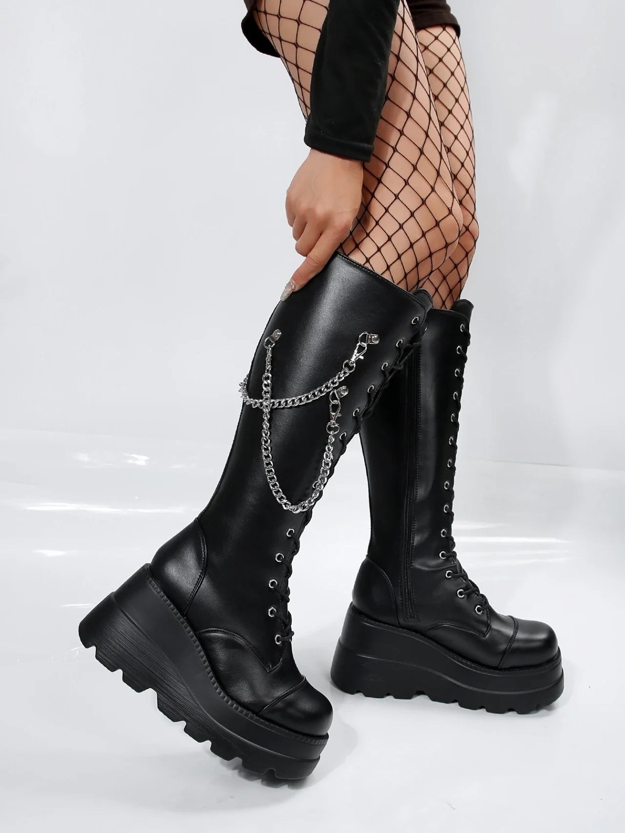 Faux leather boots with laces wedge solesAzizaK