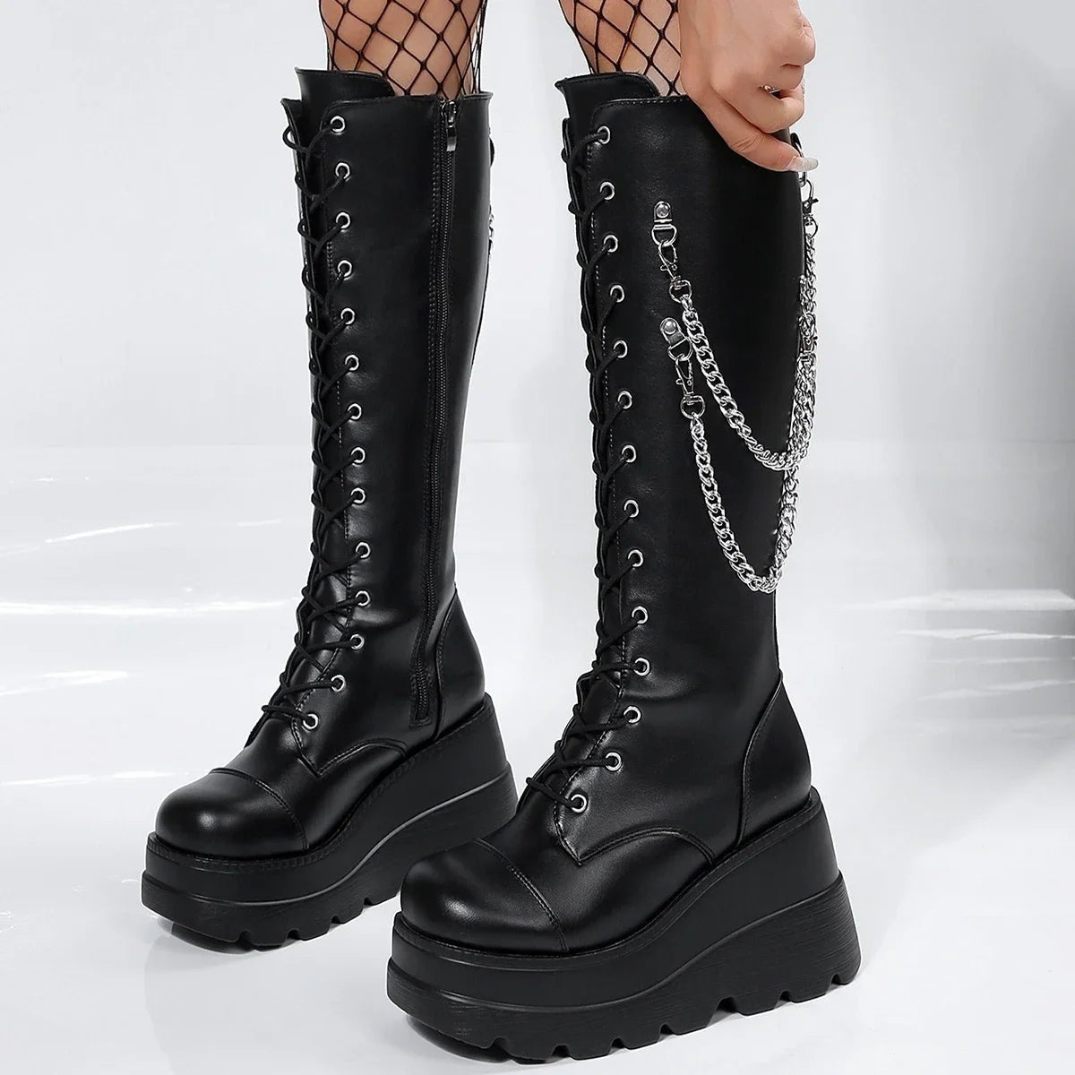 Faux leather boots with laces wedge solesAzizaK