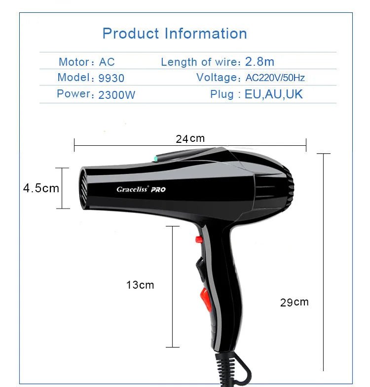 For hairdresser and hair salon long wire EU Plug Real 2300w power professional blow dryer salon Hair Dryer hairdryerAzizaK