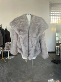 fur turn - down collar coat long sleeve cardiganAzizaK