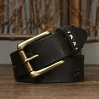 High Quality Genuine Leather Belt for Men 3.8 CM with Brass Pin Buckle Pure Cowhide Vintage Strap for JeansAzizaK