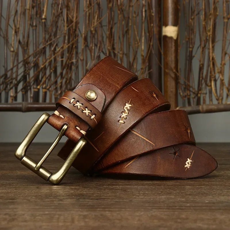 High Quality Genuine Leather Belt for Men 3.8 CM with Brass Pin Buckle Pure Cowhide Vintage Strap for JeansAzizaK