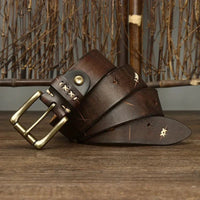 High Quality Genuine Leather Belt for Men 3.8 CM with Brass Pin Buckle Pure Cowhide Vintage Strap for JeansAzizaK