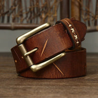 High Quality Genuine Leather Belt for Men 3.8 CM with Brass Pin Buckle Pure Cowhide Vintage Strap for JeansAzizaK