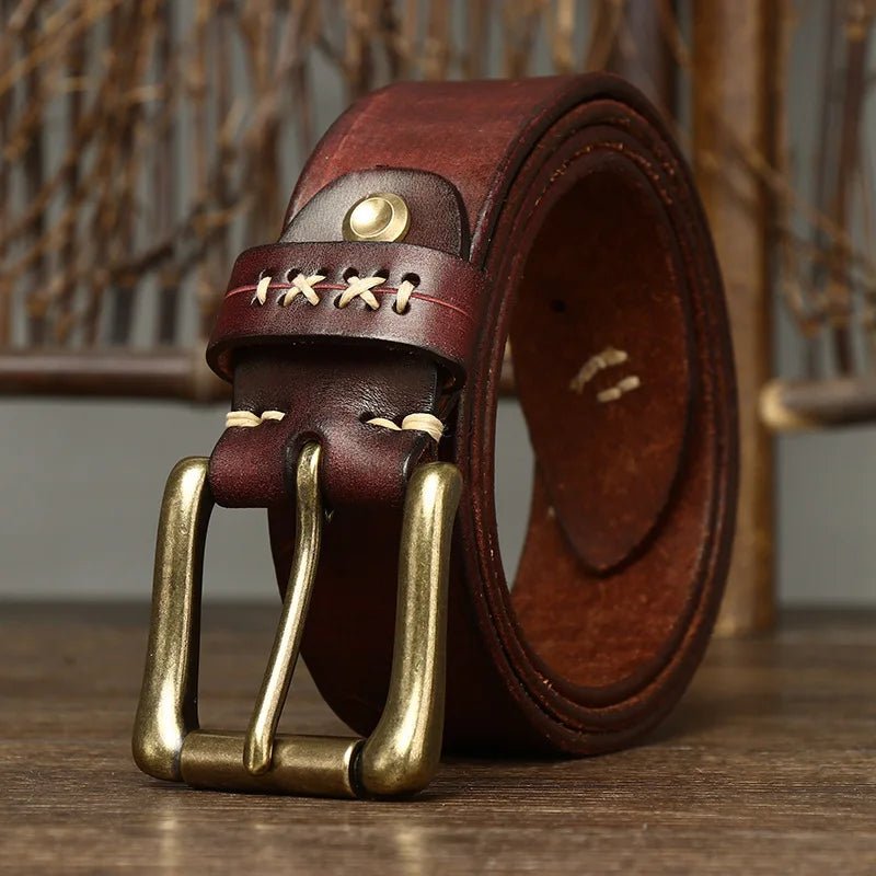 High Quality Genuine Leather Belt for Men 3.8 CM with Brass Pin Buckle Pure Cowhide Vintage Strap for JeansAzizaK