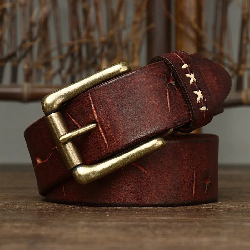 High Quality Genuine Leather Belt for Men 3.8 CM with Brass Pin Buckle Pure Cowhide Vintage Strap for JeansAzizaK