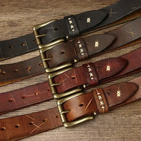 High Quality Genuine Leather Belt for Men 3.8 CM with Brass Pin Buckle Pure Cowhide Vintage Strap for JeansAzizaK