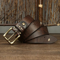 High Quality Genuine Leather Belt for Men 3.8 CM with Brass Pin Buckle Pure Cowhide Vintage Strap for JeansAzizaK