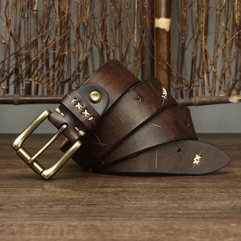 High Quality Genuine Leather Belt for Men 3.8 CM with Brass Pin Buckle Pure Cowhide Vintage Strap for JeansAzizaK