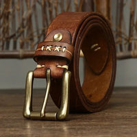 High Quality Genuine Leather Belt for Men 3.8 CM with Brass Pin Buckle Pure Cowhide Vintage Strap for JeansAzizaK