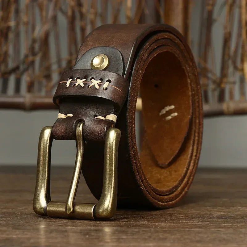 High Quality Genuine Leather Belt for Men 3.8 CM with Brass Pin Buckle Pure Cowhide Vintage Strap for JeansAzizaK