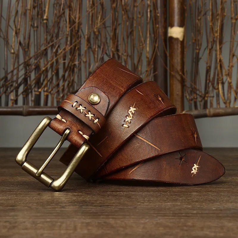 High Quality Genuine Leather Belt for Men 3.8 CM with Brass Pin Buckle Pure Cowhide Vintage Strap for JeansAzizaK