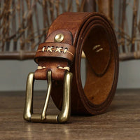 High Quality Genuine Leather Belt for Men 3.8 CM with Brass Pin Buckle Pure Cowhide Vintage Strap for JeansAzizaK