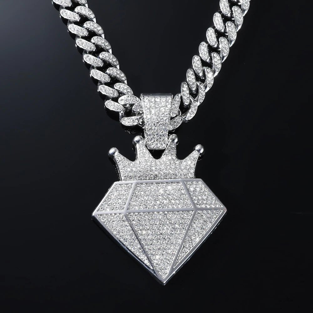 Hip Hop Iced Out Crown Pendant Necklace With 13mm Rhinestone Cuban ChainAzizaK