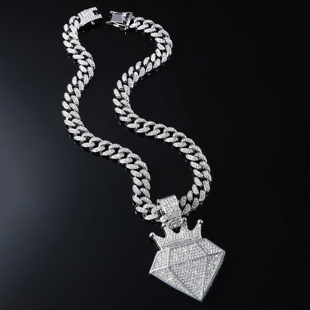 Hip Hop Iced Out Crown Pendant Necklace With 13mm Rhinestone Cuban ChainAzizaK